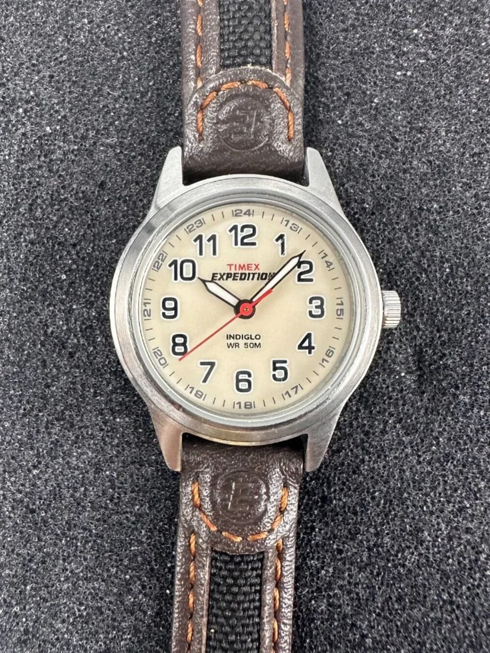 Timex Expedition Field Mini Watch Women Silver Tone Leather Band New Battery